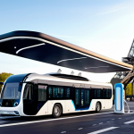 **A futuristic hydrogen refueling station in Paris, France. Sleek, modern design with a hydrogen-powered bus or car being refueled. Include a backdrop of iconic Parisian landmarks. Focus on clean energy and eco-friendliness.**