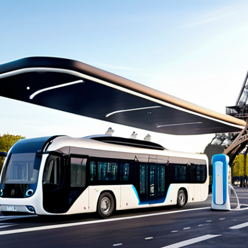 Home 14 **A futuristic hydrogen refueling station in Paris, France. Sleek, modern design with a hydrogen-powered bus or car being refueled. Include a backdrop of iconic Parisian landmarks. Focus on clean energy and eco-friendliness.**