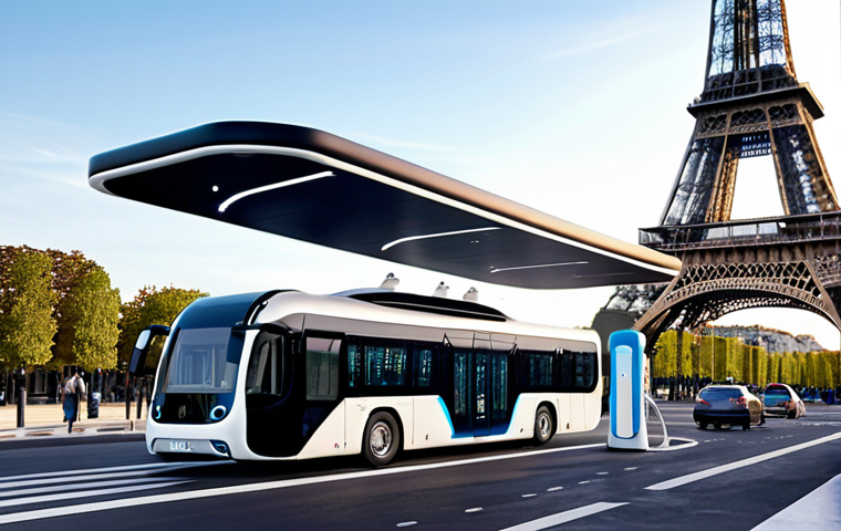 **A futuristic hydrogen refueling station in Paris, France. Sleek, modern design with a hydrogen-powered bus or car being refueled. Include a backdrop of iconic Parisian landmarks. Focus on clean energy and eco-friendliness.**