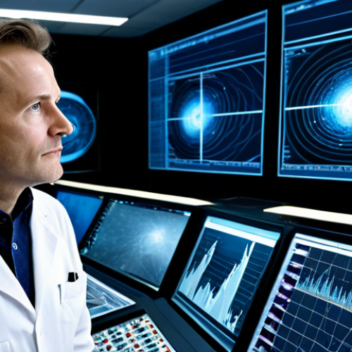 A focused astrophysicist, fully clothed in a professional lab coat over business casual attire, stands in a modern, pristine control room. Large, luminous screens display complex gravitational wave data patterns and abstract, beautiful cosmic ripples. The lighting is soft and ambient, highlighting the scientist's expression of deep concentration and intellectual curiosity. The scene emphasizes cutting-edge research and the quiet revelation of cosmic secrets. perfect anatomy, correct proportions, natural pose, well-formed hands, proper finger count, natural body proportions, safe for work, appropriate content, modest, high-resolution, professional photography, cinematic lighting.