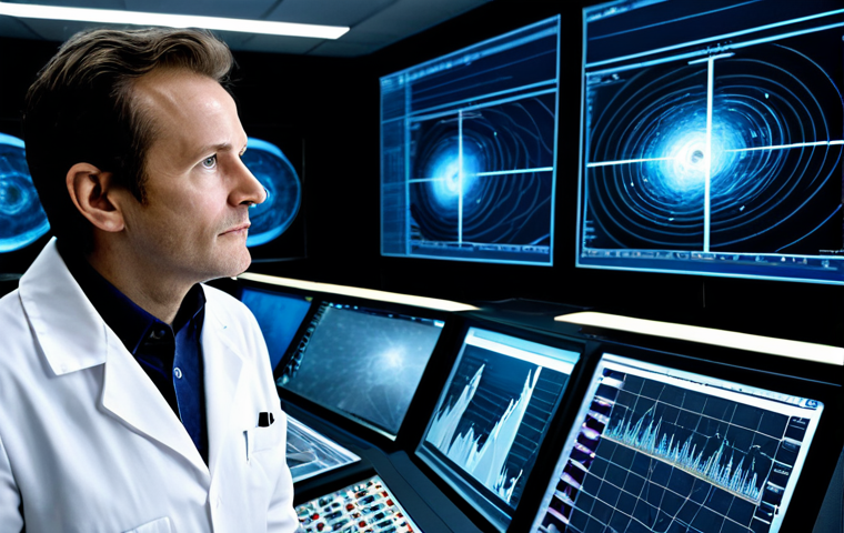 A focused astrophysicist, fully clothed in a professional lab coat over business casual attire, stands in a modern, pristine control room. Large, luminous screens display complex gravitational wave data patterns and abstract, beautiful cosmic ripples. The lighting is soft and ambient, highlighting the scientist's expression of deep concentration and intellectual curiosity. The scene emphasizes cutting-edge research and the quiet revelation of cosmic secrets. perfect anatomy, correct proportions, natural pose, well-formed hands, proper finger count, natural body proportions, safe for work, appropriate content, modest, high-resolution, professional photography, cinematic lighting.