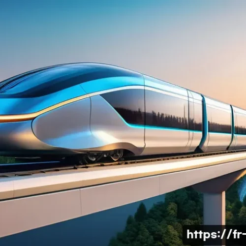 초고속 자기 부상 열차 기술 - A futuristic maglev train gliding silently above sleek rails in a European cityscape at dusk, featur...