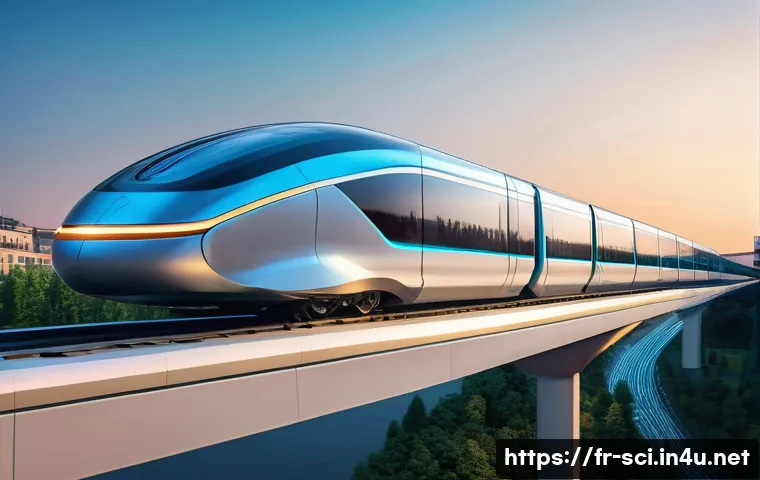 초고속 자기 부상 열차 기술 - A futuristic maglev train gliding silently above sleek rails in a European cityscape at dusk, featur...