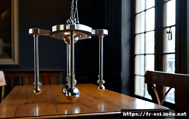 고전역학과 카오스 이론 - Photorealistic science museum demonstration of classical mechanics and chaos theory, a polished stee...