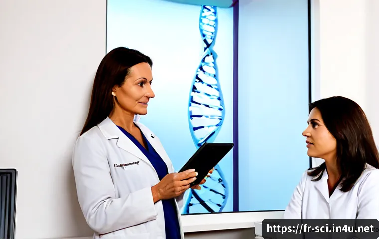 유전자 데이터와 개인 맞춤 의학 - Photorealistic personalized medicine consultation in a modern French clinic, compassionate middle-ag...